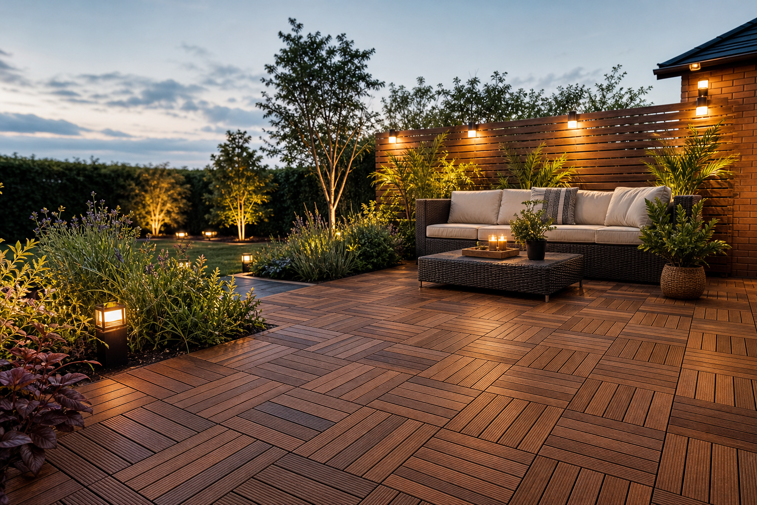 Decking tiles, fittings and outdoor finishing pieces